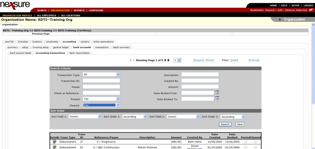 Nexsure Training Manual - Accounting After the search results are displayed click the [Print] link. This will display all cleared items.