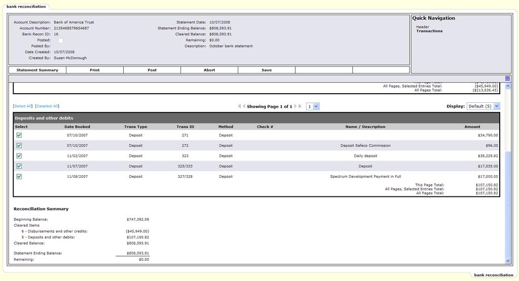 Nexsure Training Manual - Accounting The Reconciliation Summary section displays the Beginning Balance, total cleared credits and debits and the Statement Ending Balance.