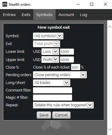 SYMBOL EXITS You can set up filtering so that the symbol exit only looks at, and acts on, trades which match certain criteria.