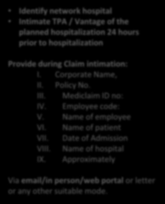Claim Processes Claims - Cashless Facility Identify network hospital Intimate TPA / Vantage