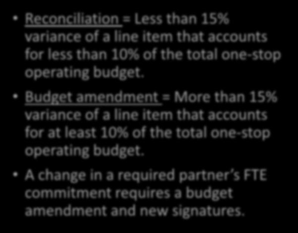 LWIB responsible for ensuring reconciliation occurs and designating someone to perform reconciliation Reconciliation = Less than 15% variance of a line item that accounts for less than 10% of