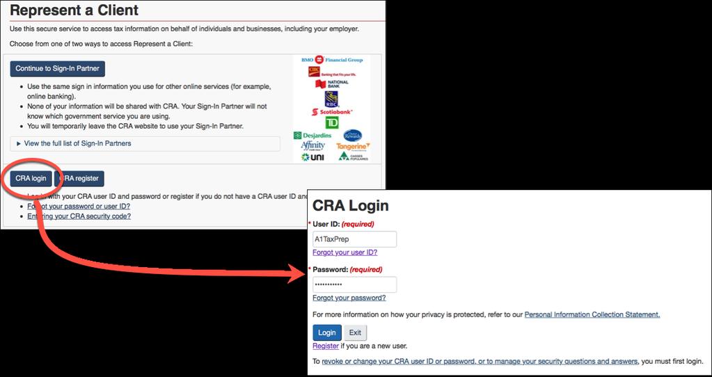 Once CRA authorizes access, log into CRA s Represent a Client