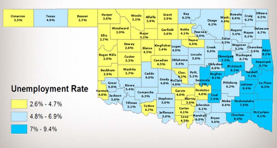 Unemployment rates remain low throughout most of the state Oklahoma County Unemployment Rates January Source: OK Employment Security Commission Rig counts have edged higher the last few