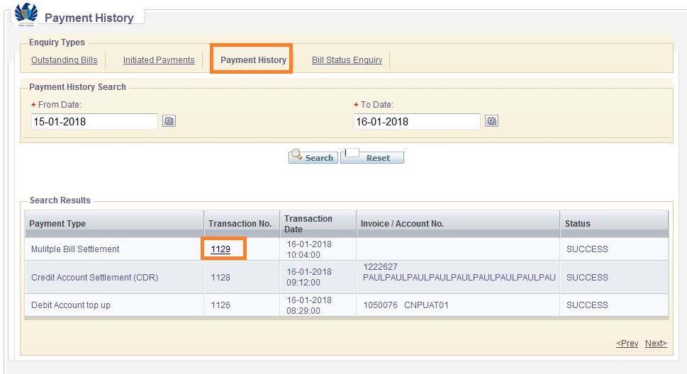 2.6. View Payment History This option helps you to search for the Payment Transactions done for specific period.