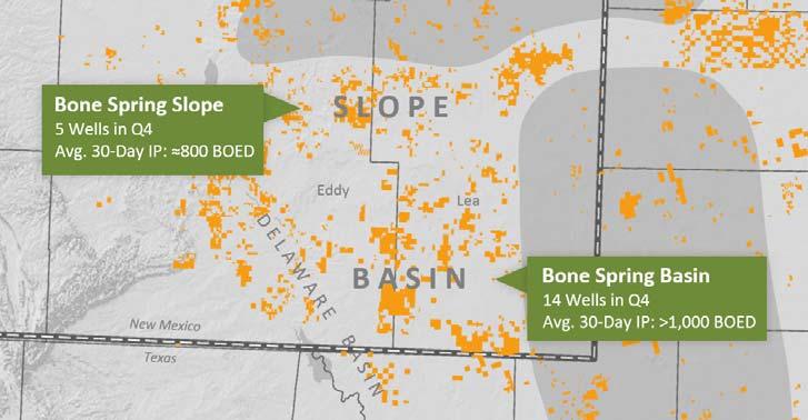 DELAWARE BASIN Bone Spring Results Drive Q4 Growth Fourth quarter production growth was driven by outstanding well performance across the Bone Spring play in southeast New Mexico.