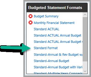 Budgeted Financial Formats Modify Budgeted Financial Formats allows you to add, edit, or delete custom formats for the Budgeted Financial Statement.