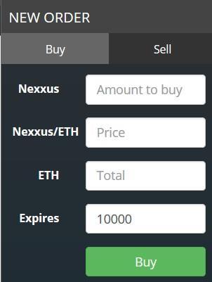 The buy and sell orders are separated by column headers for Nexxus/ETH rate, Nexxus amount, and ETH amount. Your placed orders in the Order Book will be displayed with the exchange rate highlighted.