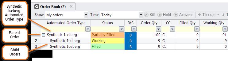 Displayed Quantity Orders display with one row for the Parent and subsequent rows for the Child orders that are entered based on the disclosed quantity and variance.