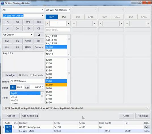 Clicking the Create hedged strategy menu option launches the Option Strategy Builder (OSB), which populates with Delta and hedge leg details.