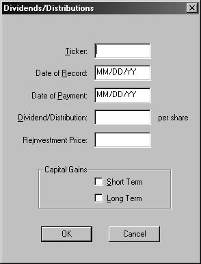Dividends/Distributions dialog box Capital Gains (optional) - For purposes of the 1099 report, short and long term distributions are kept separate.
