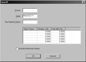Spin-off dialog box 3. A spin-off can result in fractional shares. To include fractional shares in the number(s) of shares of the new issue (or issues), check the Include fractional shares option.