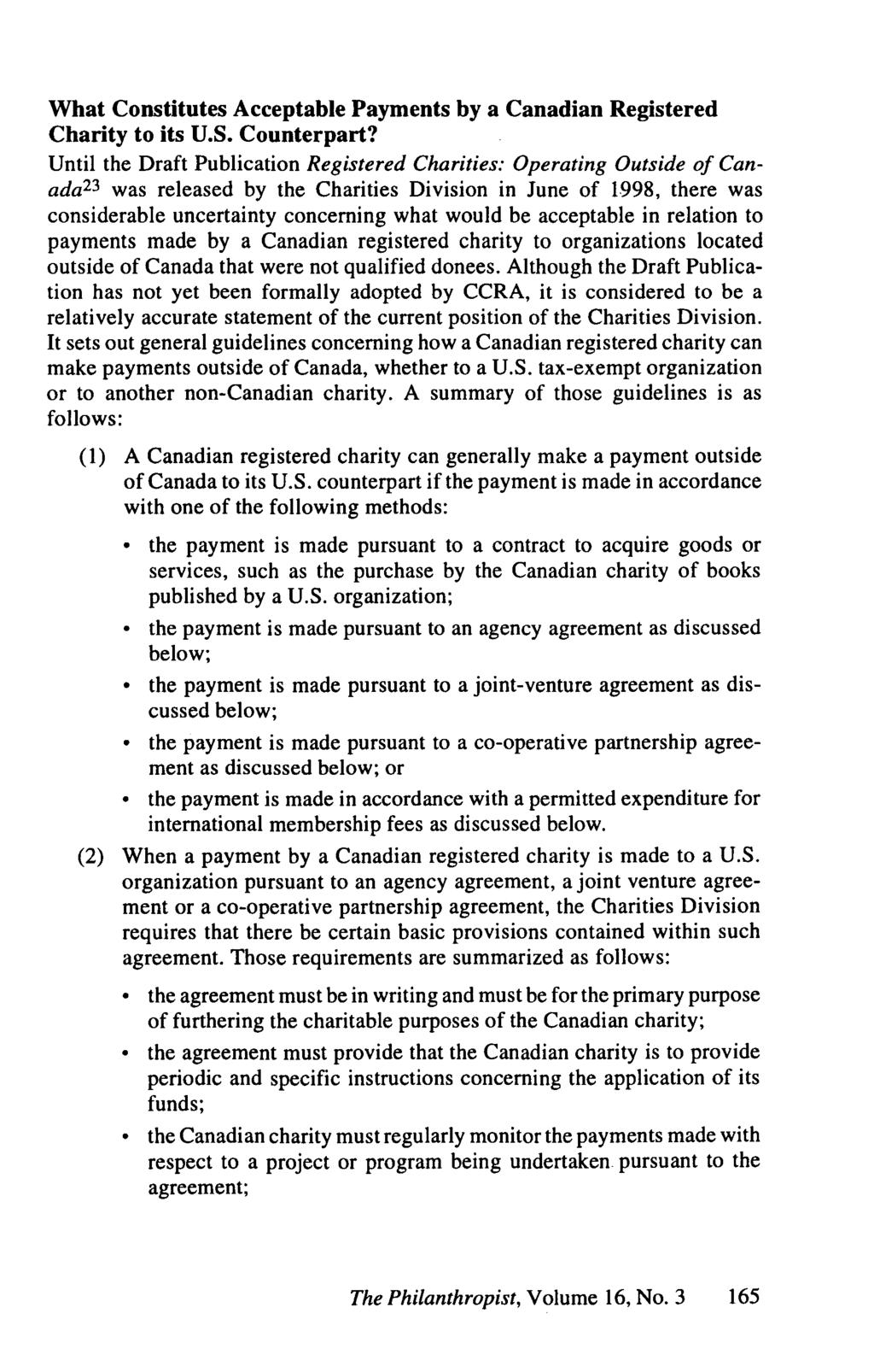 What Constitutes Acceptable Payments by a Canadian Registered Charity to its U.S. Counterpart?