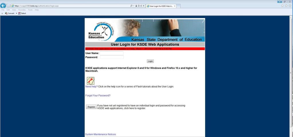 Registering The KSDE authenticated applications website may be accessed at: https://svapp15586.ksde.