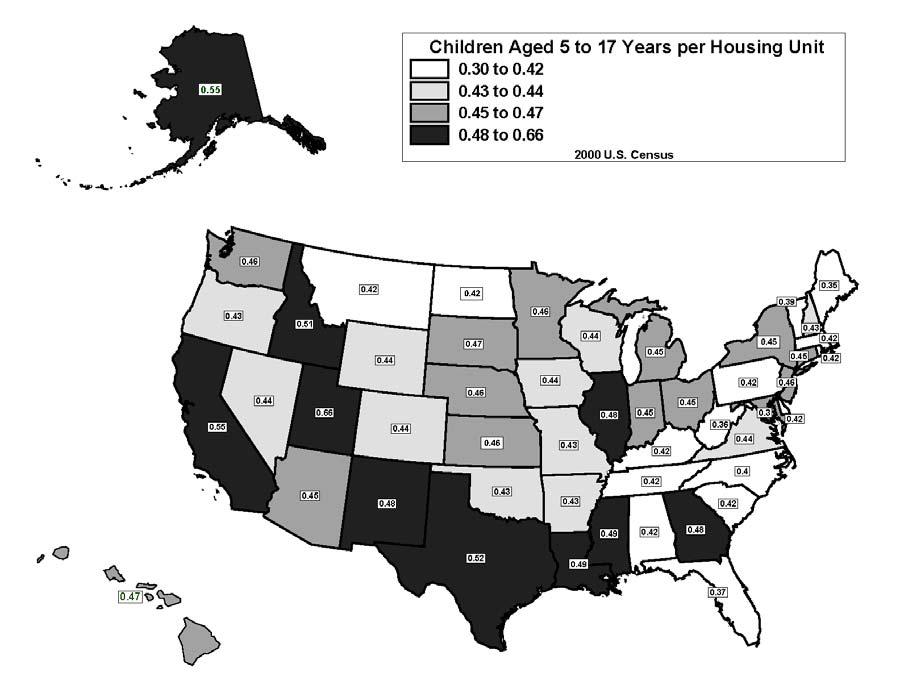 Figure 7: Children per Housing Unit by State, Census 2000 Data Source: U.S. Census 2000 Yields Vary by the Community s Ethnic Mix A further important determinant of yield is ethnic composition.