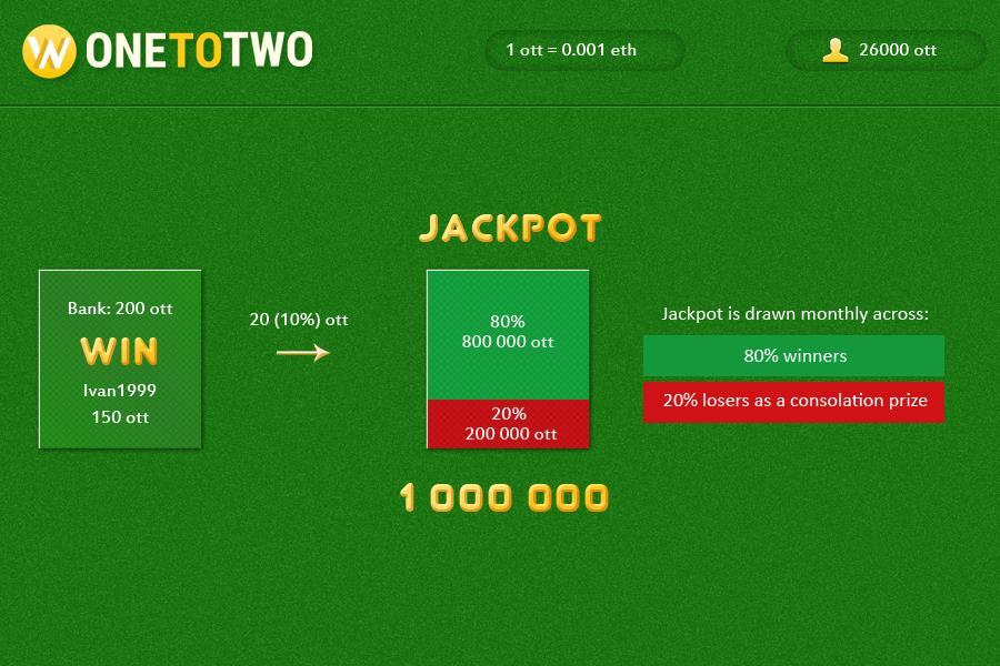 Jackpot 10% of each bet goes to Jackpot fund. Each participant gets a coupon that allows taking part in jackpot drawing. A winner gets a green coupon and a loser a red one.