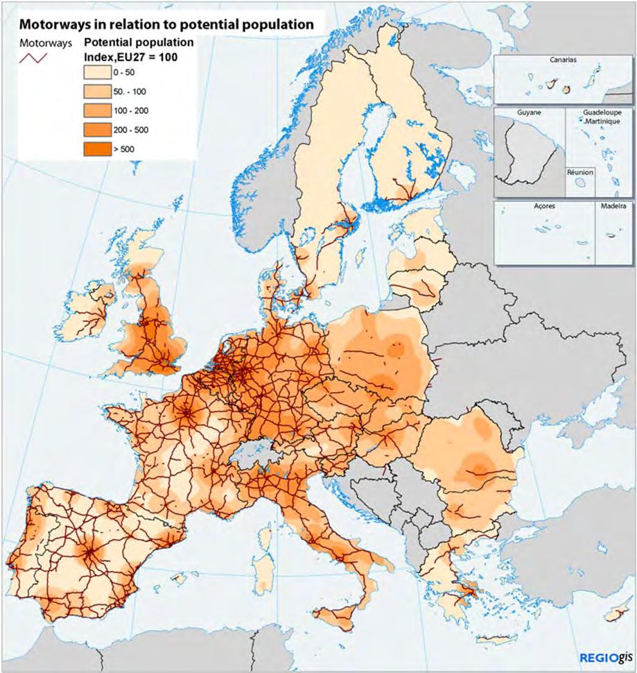 Motorways: incomplete network Dense network in EU-15 little need for additional capacity.