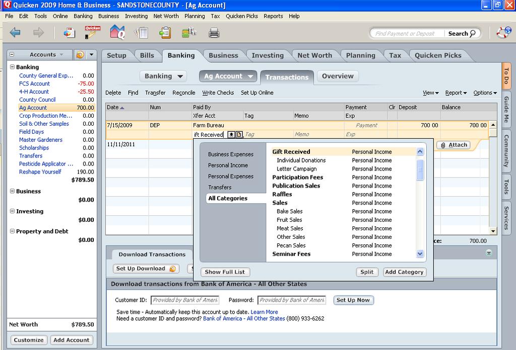 Quicken: Entering a Deposit Cont d You may enter the Category by selecting that category from the