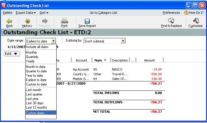 Click on Saved Reports and Graphs. Click on Outstanding Check List.