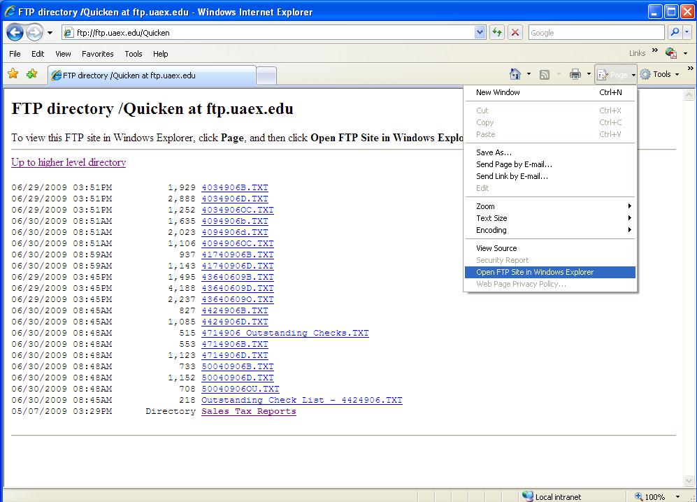 Quicken: Uploading the Monthly Reports Cont d Select Page from the menu