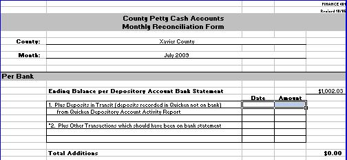 Type the county name and month and year being reconciled on the appropriate lines at the top of the Finance 401 form.