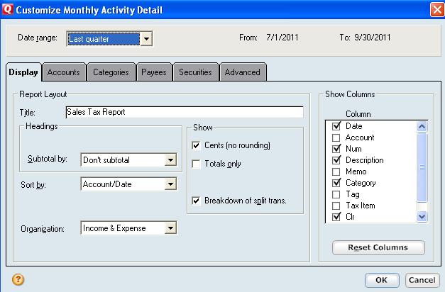 Once the Customize Monthly Activity Detail dialog box appears, click on the Display tab, change the