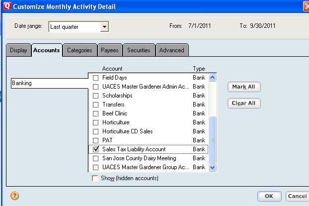 only the Date, Num, Description, Category, and Clr options are selected in the Column box.