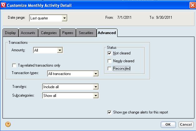 Click on the Advanced tab and make sure that the Amounts box shows All, the Transaction types box shows All transactions, the Transfers tab shows Include all, the Subcategories box shows Show all,