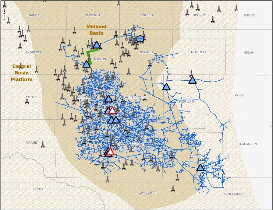 Permian Midland Basin Summary Asset Map and Rig Activity (1) Interconnected WestTX and SAOU systems located across the core of the Midland Basin JV between Targa (72.