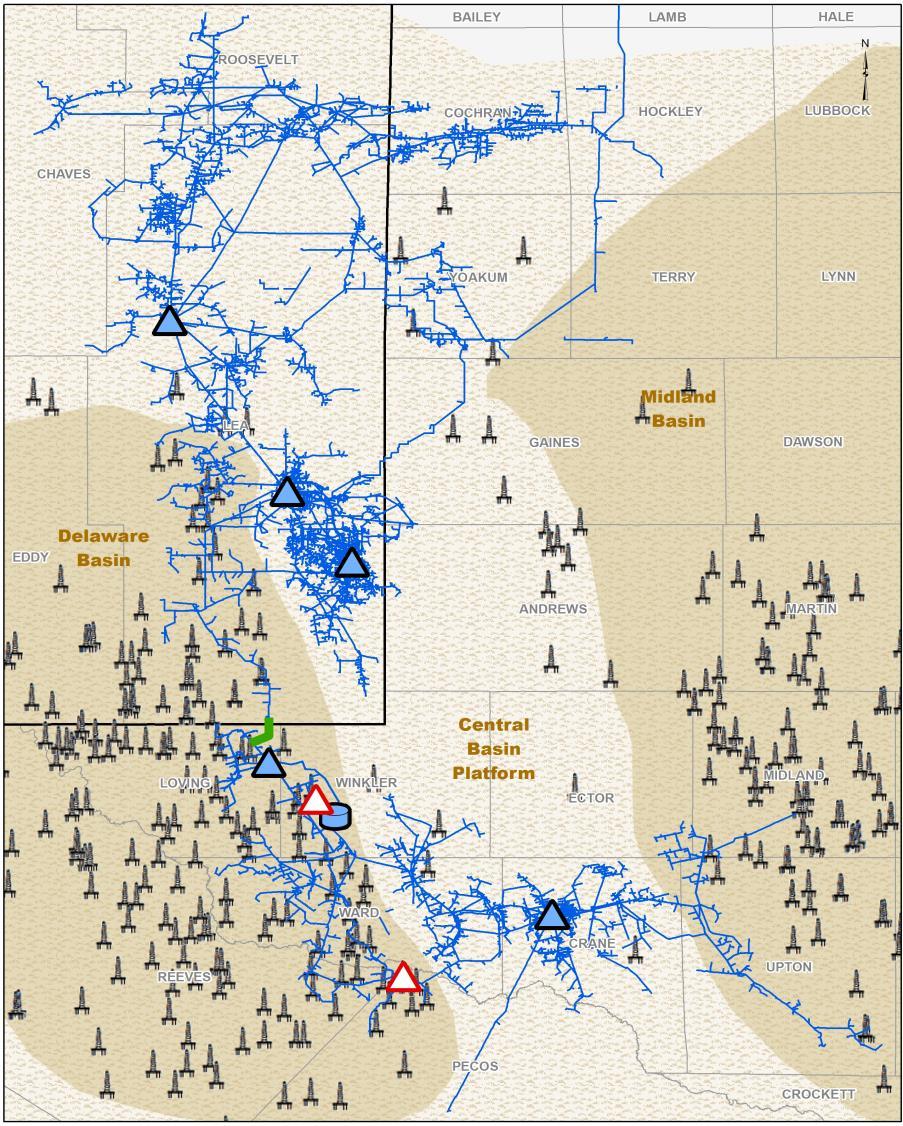 Permian Delaware Basin Summary Asset Map and Rig Activity (1) Interconnected Versado and Sand Hills capturing growing production from increasingly active Delaware Basin (also connected to Permian -