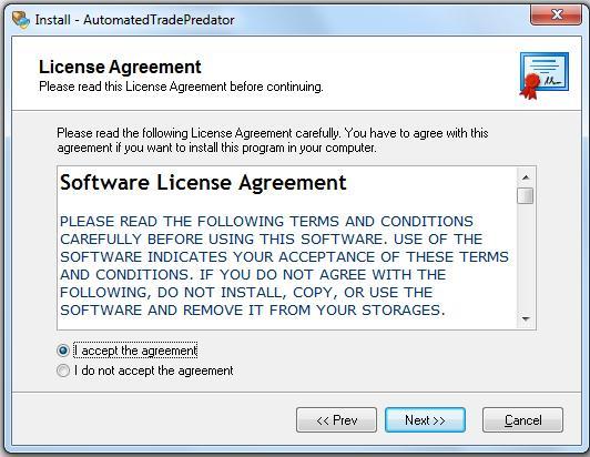 6. Read the license agreement on the next page and check I accept the agreement if you accept it, then click Next. 7.