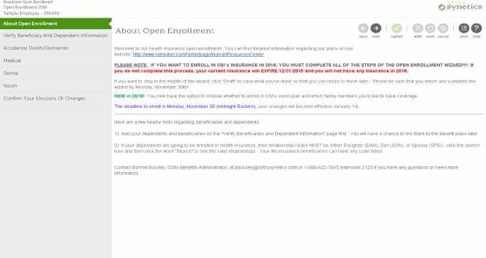 8. Read the message on the About Open Enrollment page. You can stop at any time by clicking the draft button.