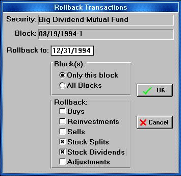 The "Rollback Transactions" screen. Inputs Buttons Rollback to: Enter the last date that you want the transaction type(s) left intact on.