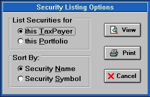 This report can be accessed with the Reports Security Listing... menu item. The "Security Listing Options" screen will appear. It looks like this: The "Security Listing Options" screen.