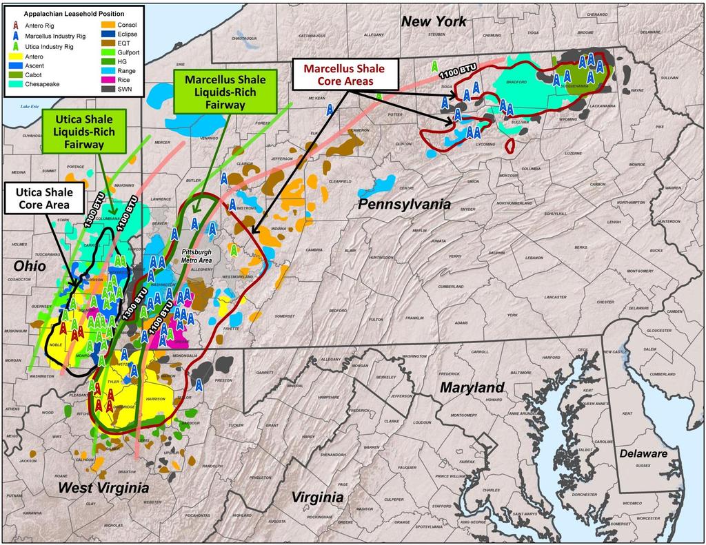 Core Net Acres (000s) Source: Core outlines based upon Antero geologic interpretation, well control and peer acreage positions based