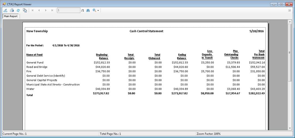 CTAS User Manual 6-8 Cash Control: Reconciling the Bank Statement (continued) Printing a Cash Control Statement (continued) When the bank statement has been successfully reconciled in CTAS, the