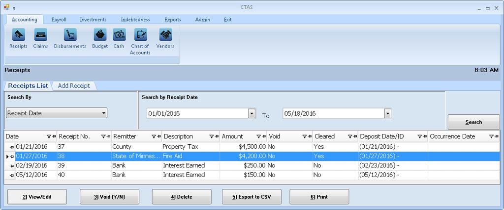 CTAS User Manual 6-14 Cash Control: Editing a Cleared Receipt If a cleared receipt needs to be edited, in order to reconcile with the bank statement, go to the Receipts List (see page 2-1 for