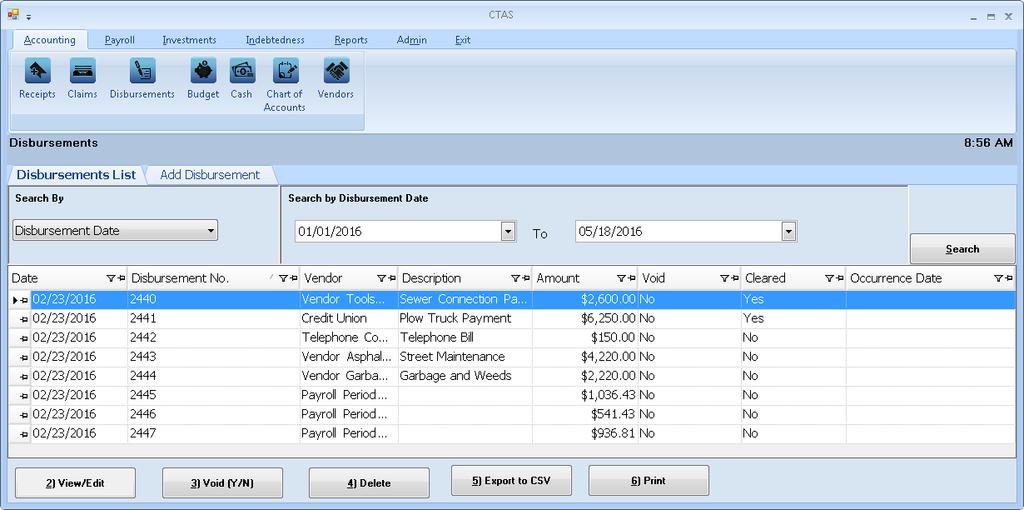 CTAS User Manual 6-16 Cash Control: Editing a Cleared Check If a cleared check needs to be edited, in order to reconcile with the bank statement, go to the Disbursements List (see page 4-1 for