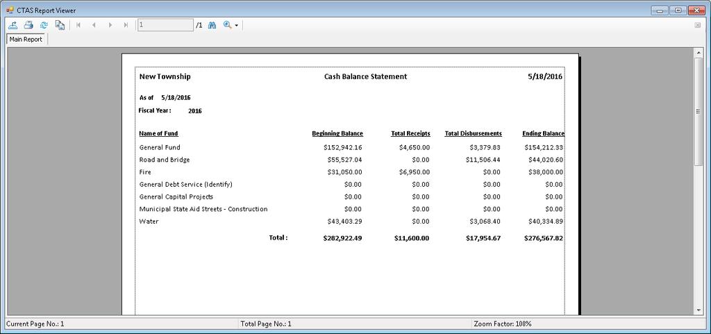 CTAS User Manual 6-18 Cash Control: Printing a Cash Balance Statement A Cash Balance Statement will print the cash balances for each fund as of the current date.