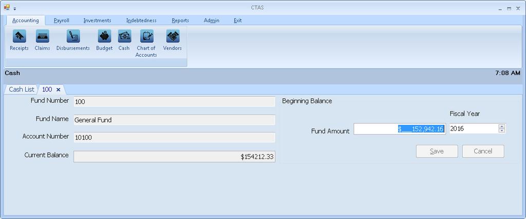 CTAS User Manual 6-2 Cash Control: Entering the Beginning Balances (continued) After clicking the Edit button, a new tab will open labeled with the number of the selected fund.