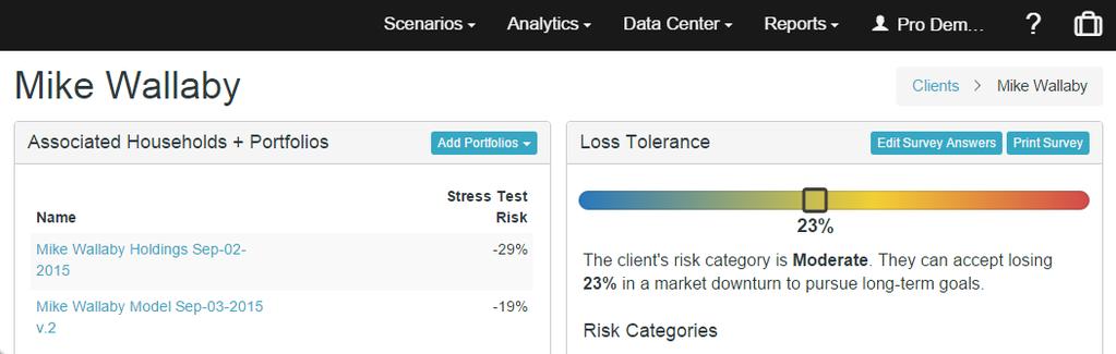 On the Client page, you will see the loss tolerance score as well as any portfolios associated with the client.