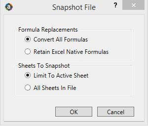 Snapshot The Snapshot functionality allows you to take a copy of an Axiom file and save as a normal Excel file. The file can be saved locally or emailed. Click on the Snapshot option from the menu.