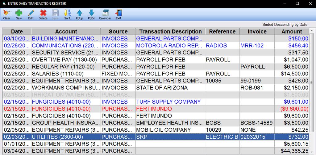 Enter/Edit Daily Transaction Register The Enter/Edit Daily Transaction Register procedure displays the entire Budget/Expense Transaction File.