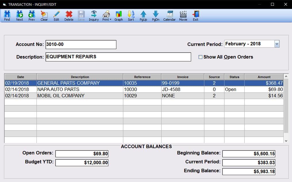 Making Budget/Expense Account Inquiries From the Budgets & Expenses Browse Table, position the scroll bar on the Account to be examined and click on the INQUIRY tool or with the Account displayed on