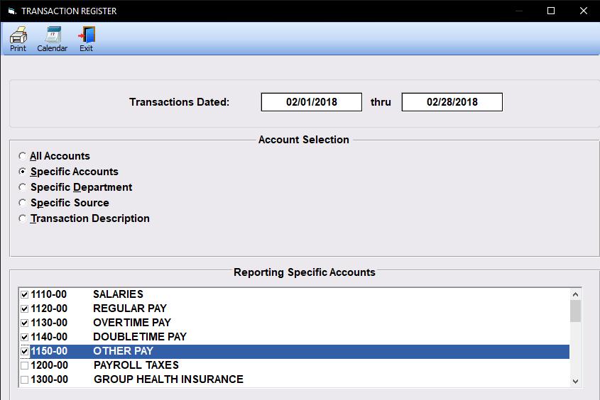 Transaction Register Report The Transaction Register prints a listing of the Transactions contained within the Budget/Expense Transaction File.