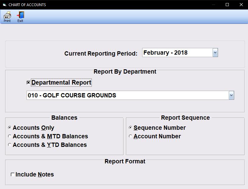 Chart of Accounts Report The Chart of Accounts Report shows the Budget/Expense Account Number, Sequence Number, Department Number, Description, Type, Master/Sub and Eject information.