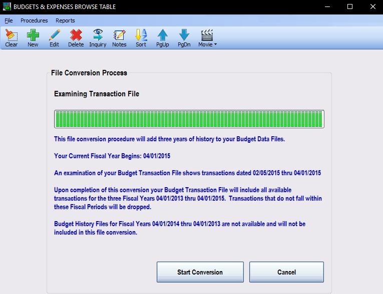 Budget File Conversion Procedure There are two conditions that will cause the Budget Conversion screen to appear. 1. Changing the Thirteen Period Accounting Options. 2.