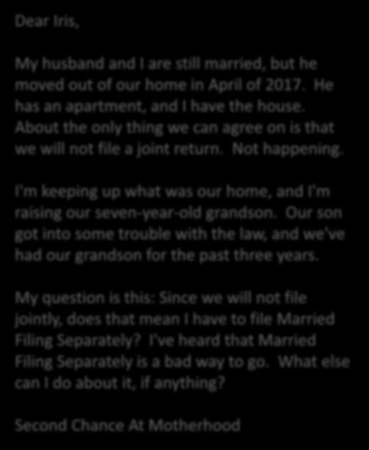 Dear Iris, My husband and I are still married, but he moved out of our home in April of 2017. He has an apartment, and I have the house.
