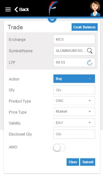 1.3 Trades: When the user clicks on the Trade option in the side menu, he will have the Buy/ Sell option, through which he will be able to place orders; he must click on Order Book option, Trade Book