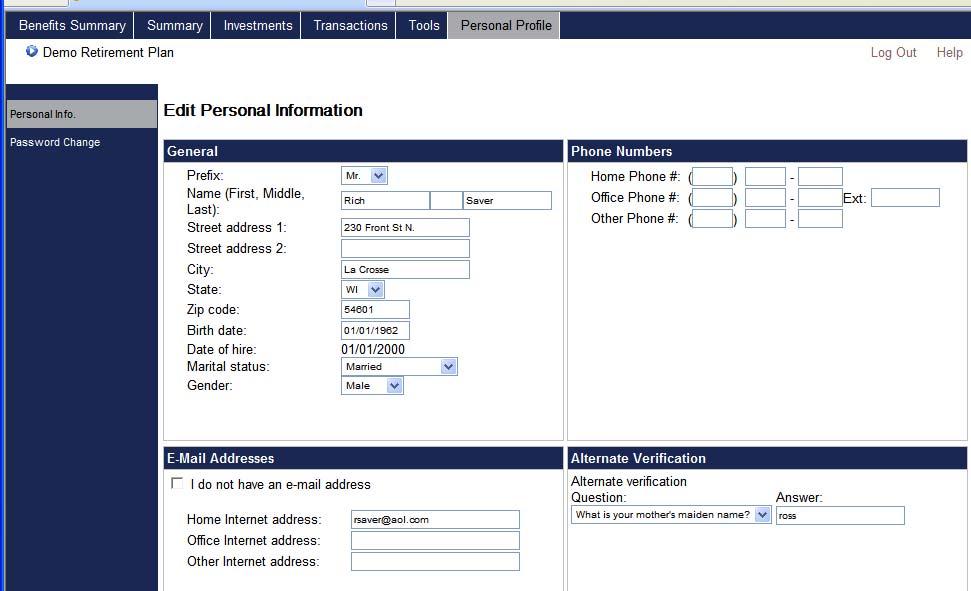 Personal Profile Tab Edit Personal Information Allows you to update your current contact information. Change Password Lets you change your password. Please follow the criteria listed.