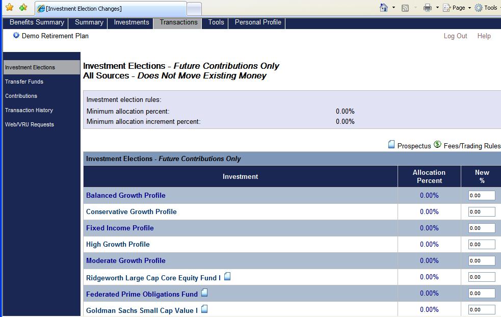 Transactions Tab To Make Changes to Your Account Investment Elections Changes your future